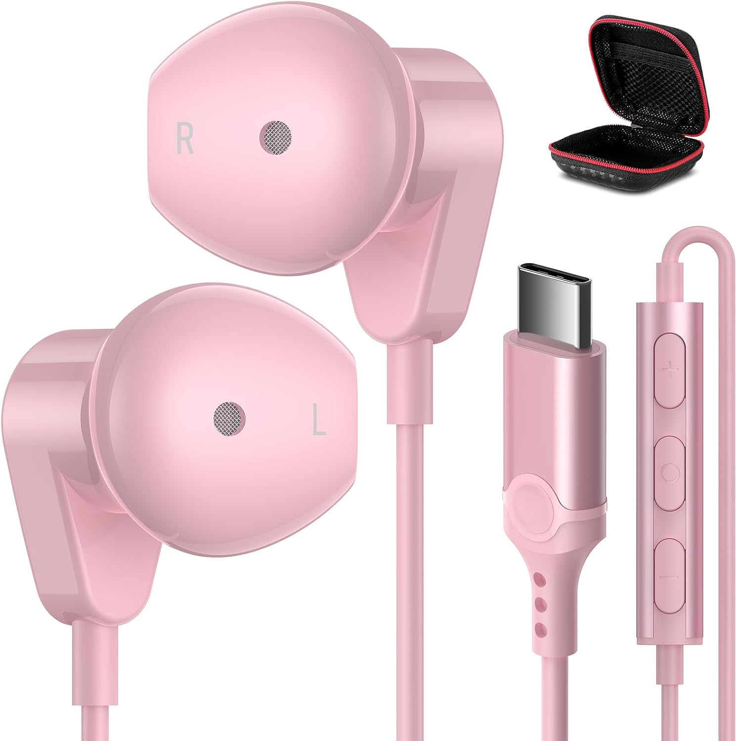 APETOO USB C Headphones for iPhone 15 Plus 16 Pro Max iPad Pro USB-C Wired Earbuds with Microphone Volume Control HiFi Stereo Type C Earphones for Galaxy S25/S24/S23/S22 Ultra, Pixel 9 8 7 6, Pink
