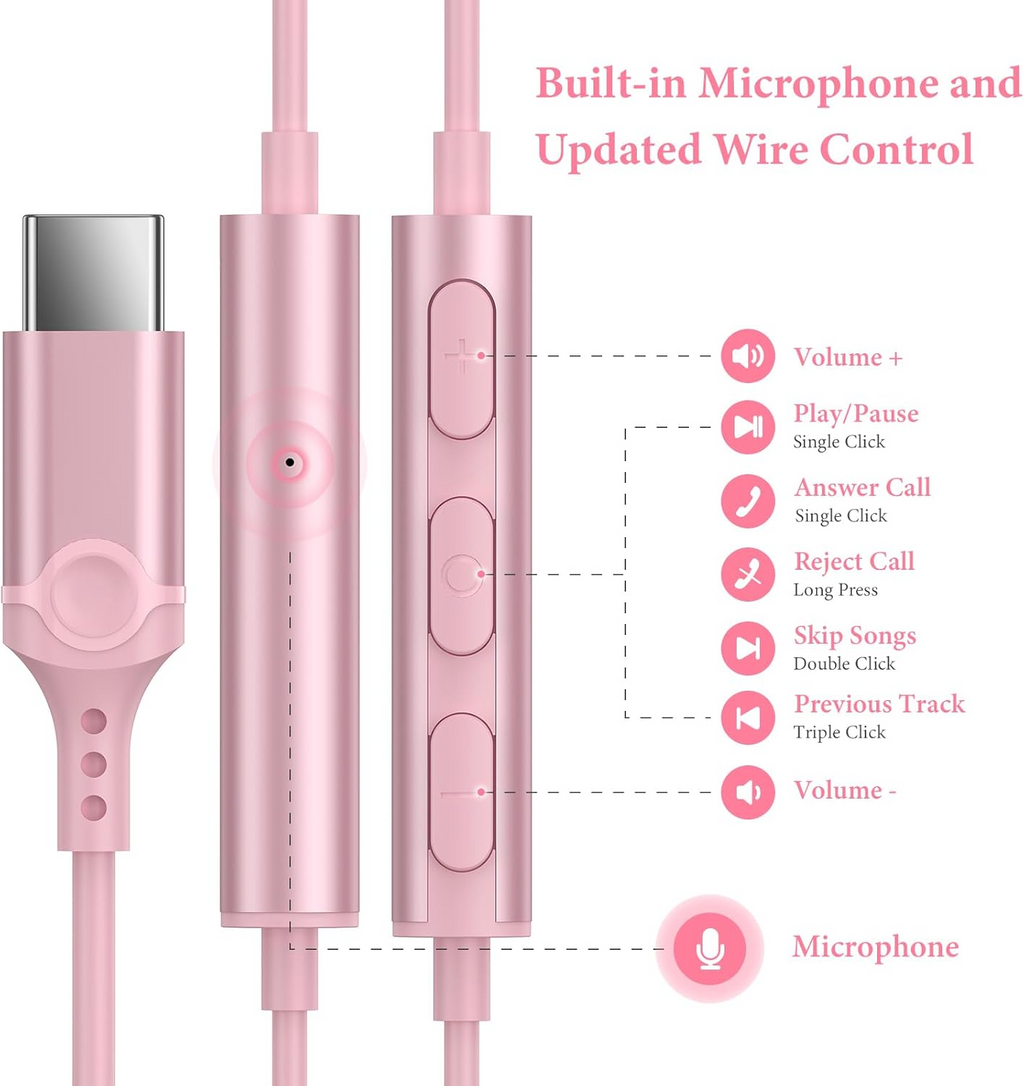 APETOO USB C Headphones for iPhone 15 Plus 16 Pro Max iPad Pro USB-C Wired Earbuds with Microphone Volume Control HiFi Stereo Type C Earphones for Galaxy S25/S24/S23/S22 Ultra, Pixel 9 8 7 6, Pink