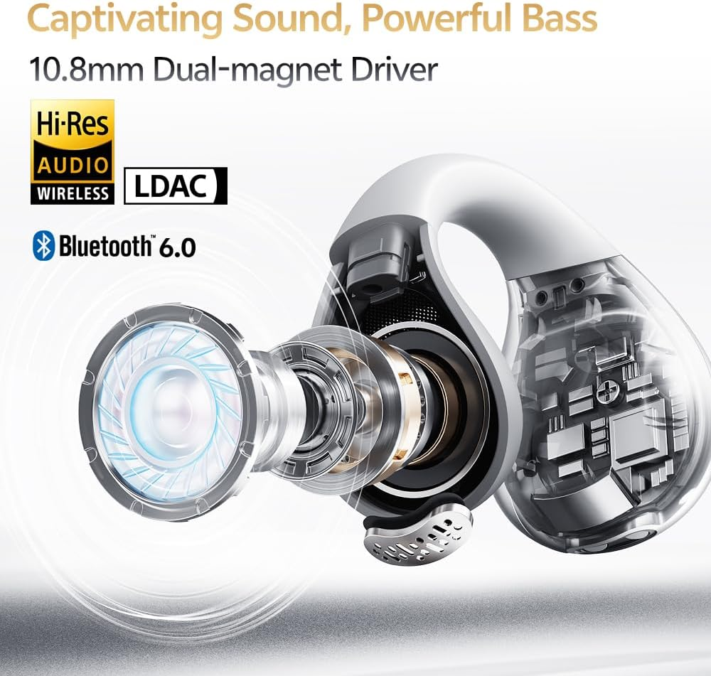 Crossky C30S Open Ear Earbuds, Ultra-Comfort Clip On Ear Buds Wireless Bluetooth 6.0, LDAC Hi-Res Audio, Deep Bass, 40H Playtime, Fast Charging, IPX5 Waterproof Sports/Running Earphones