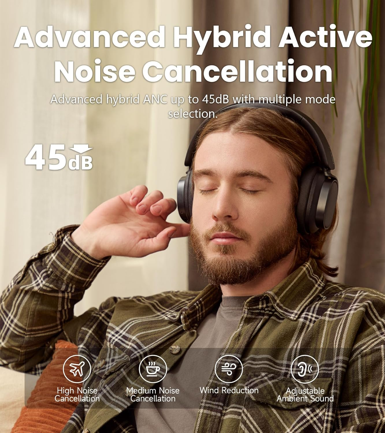 Active Noise Cancelling Headphones, Over Ear Bluetooth Headset, 92H Playtime Wired & Wireless Hi-Res Audio Certified, Fast Charging Clear Calls for Home Office Travel