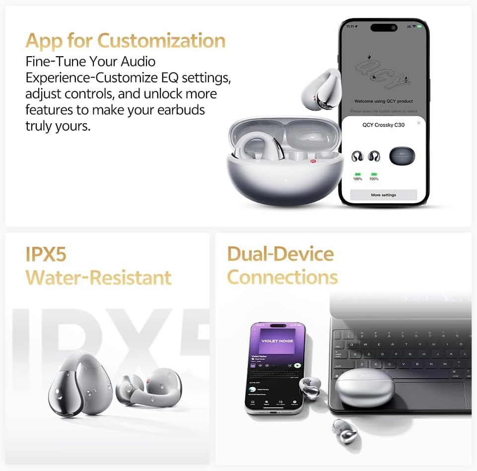 Crossky C30S Open Ear Earbuds, Ultra-Comfort Clip On Ear Buds Wireless Bluetooth 6.0, LDAC Hi-Res Audio, Deep Bass, 40H Playtime, Fast Charging, IPX5 Waterproof Sports/Running Earphones