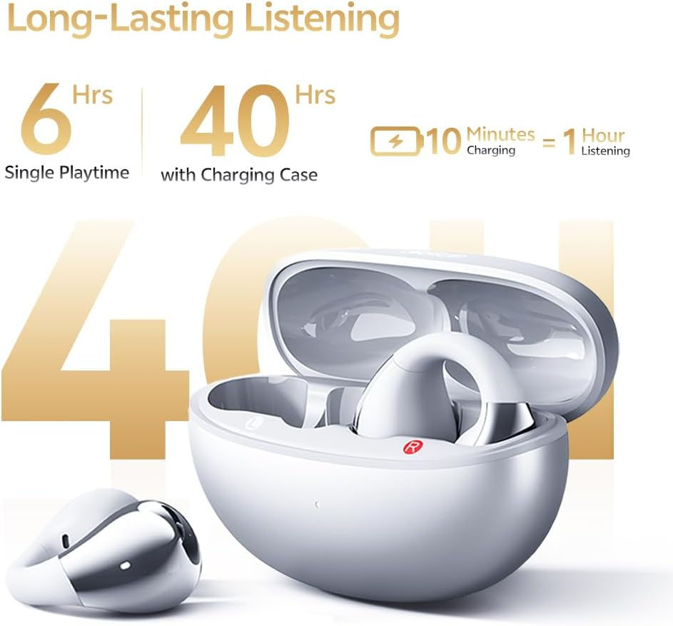 Crossky C30S Open Ear Earbuds, Ultra-Comfort Clip On Ear Buds Wireless Bluetooth 6.0, LDAC Hi-Res Audio, Deep Bass, 40H Playtime, Fast Charging, IPX5 Waterproof Sports/Running Earphones