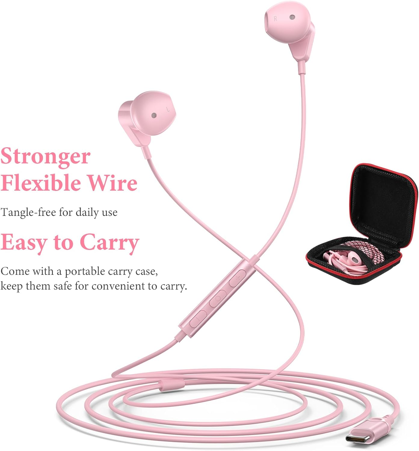 APETOO USB C Headphones for iPhone 15 Plus 16 Pro Max iPad Pro USB-C Wired Earbuds with Microphone Volume Control HiFi Stereo Type C Earphones for Galaxy S25/S24/S23/S22 Ultra, Pixel 9 8 7 6, Pink