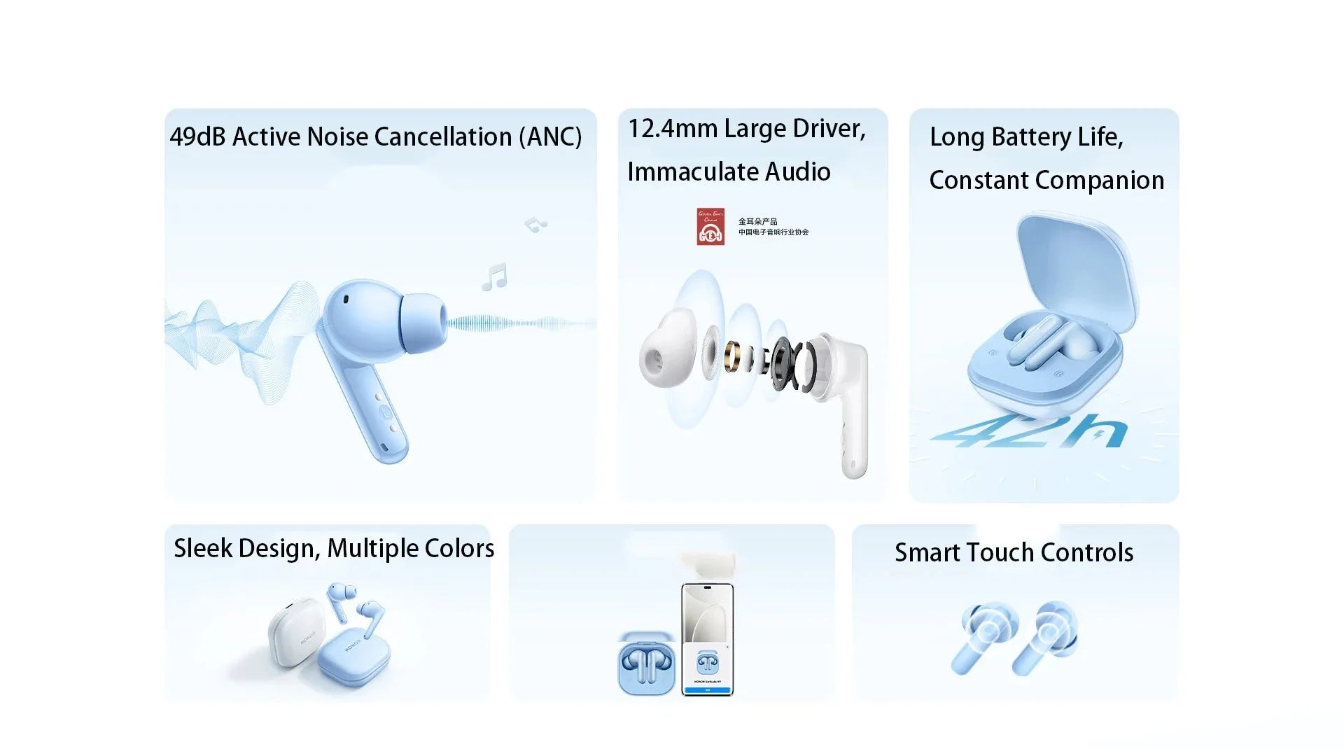Original Honor Earbuds X9 49dB ANC, 12.4mm Driver, 42H Playtime, Touch Control Wireless Bluetooth Earphones